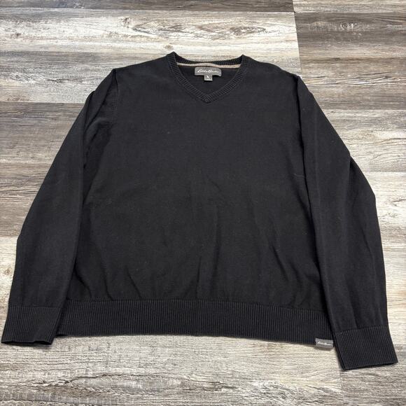Eddie Bauer Black Mens L Ribbed V-Neck Merino Wool Cotton Blend Knit Sweater - Picture 1 of 6
